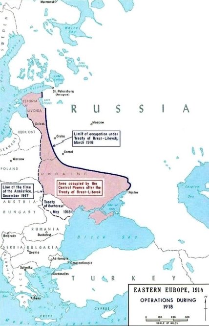 Карта, показывающая территориальный результат перемирия между Центральными государствами и большевистской Россией